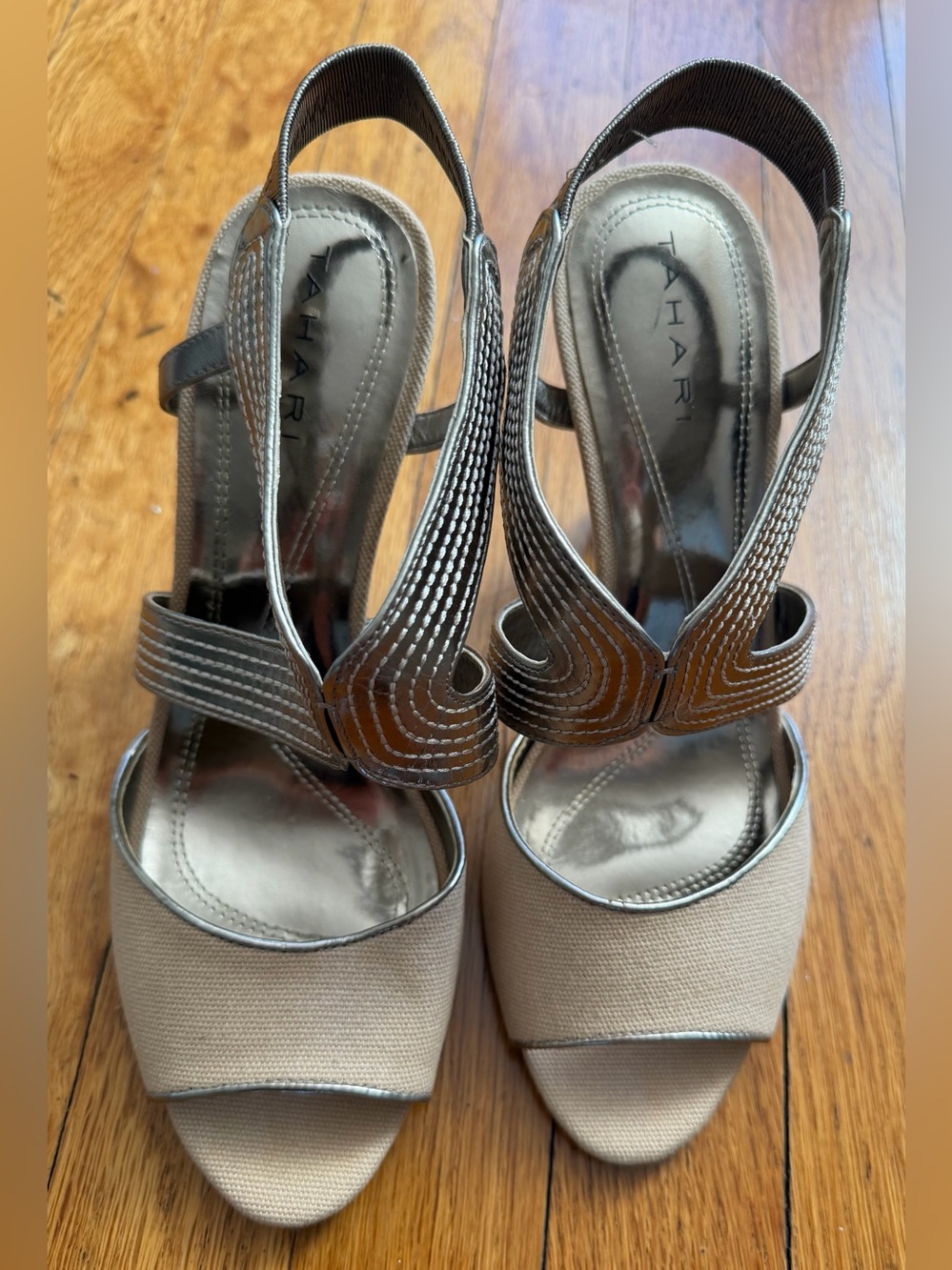 Tahari Neutral Beige and Metallic Slingback Heels